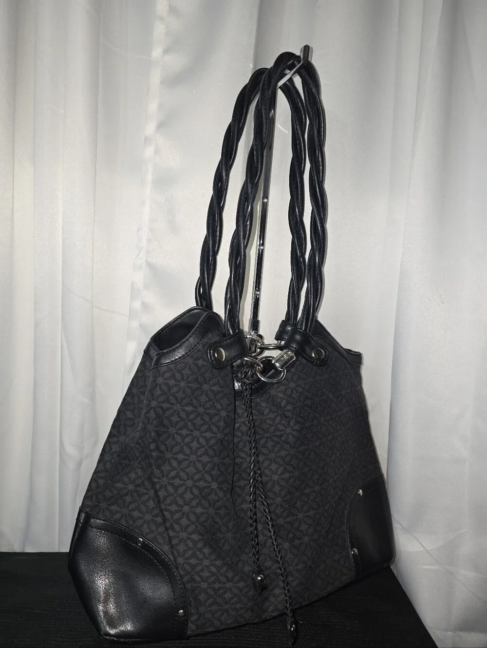 RELIC Black Patterned Shoulder Tote Bag with Twisted Handles Shoulder BAG